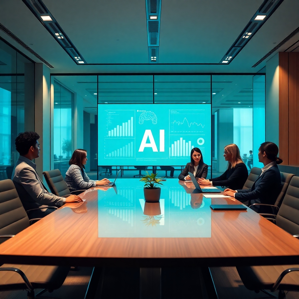 Create a photorealistic, ultra-high quality header image depicting a modern office environment that symbolizes the integration of AI in human resources. The composition should feature a diverse group of professionals collaborating around a sleek conference table, with a transparent digital screen displaying AI analytics in the foreground. Soft, ambient lighting should illuminate the room, creating a warm and inviting atmosphere. The color palette should incorporate shades of blue and green, evoking a sense of innovation and trust. Capture the scene from a slightly elevated angle, offering a glimpse of the interaction among team members. Add textures like glass reflections and smooth wood finishes for depth. Include elements such as a potted plant and futuristic devices on the table to enhance the tech-savvy feel. References can be drawn from corporate design aesthetics, and ensure the final image has a resolution of 8K, achieving hyperrealistic quality., ultra high resolution, photorealistic, 8K, hyperdetailed, cinematic lighting