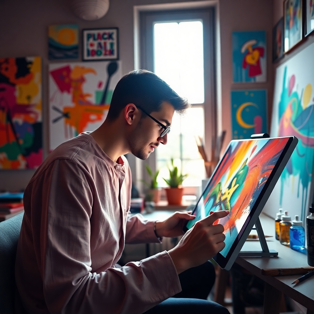 Create a vibrant digital painting studio scene, showcasing an artist at work on a high-resolution tablet, surrounded by colorful abstract artworks on the walls, vibrant color palettes, and a sense of energetic creativity, illuminated by natural light streaming through a window.