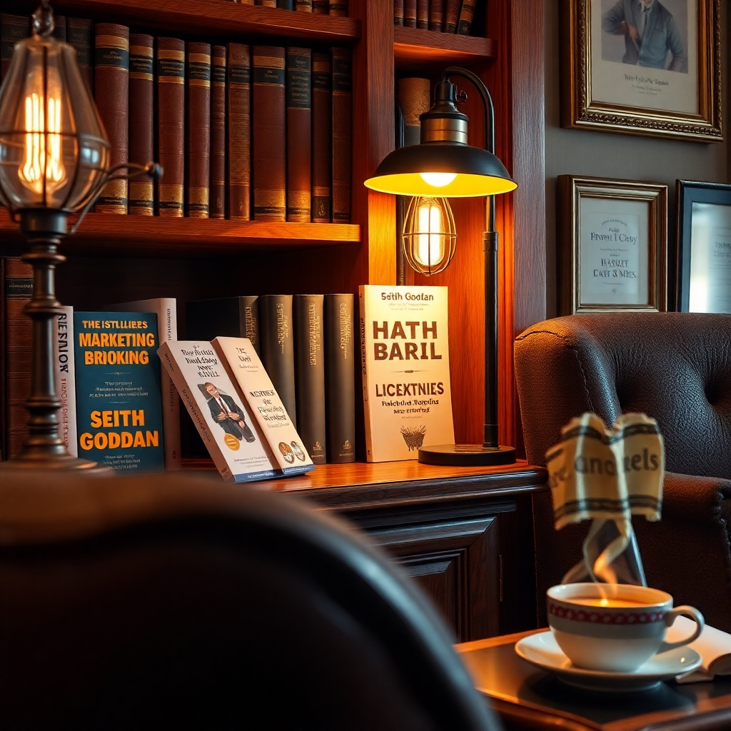 Design a cozy and sophisticated library scene showcasing Seith Goddan's bestselling marketing books on a sturdy wooden bookshelf. Multiple copies should be displayed prominently, featuring attractive covers that hint at their insightful content. A soft, warm light emanates from a nearby vintage lamp, creating an inviting reading nook. The color palette should consist of deep browns and golds, evoking a sense of knowledge and comfort. The camera angle is close-up, focused on the books while offering a glimpse of a comfortable reading chair and a steaming cup of coffee on a side table. Textures should highlight the softness of fabric, the richness of leather, and the timelessness of wood. Include subtle details like a small plant and framed accolades on the wall. Take inspiration from literary and lifestyle photography, ensuring ultra-detailed, hyperrealistic imagery in 8K resolution.