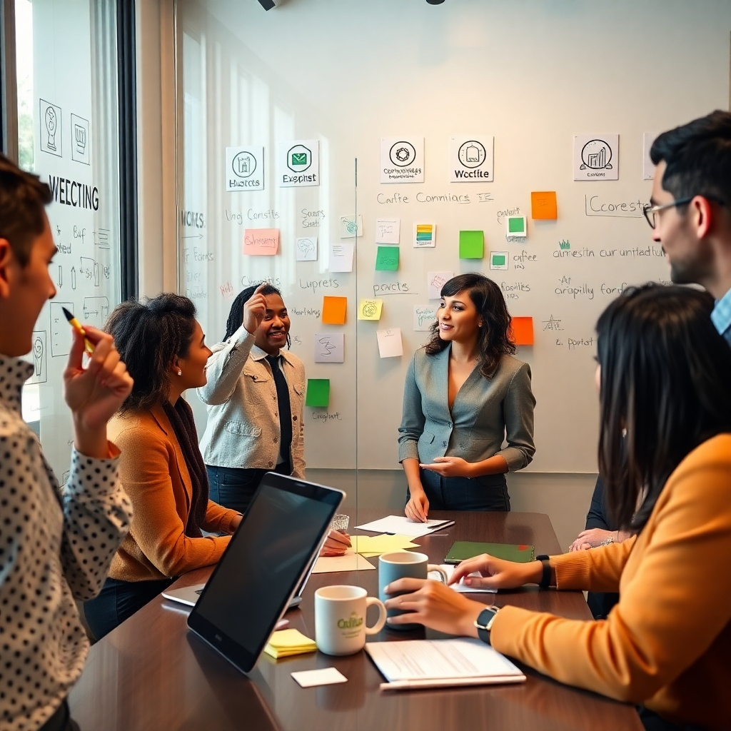 Design a photorealistic image of a branding workshop in action, featuring a group of diverse professionals engaged in brainstorming sessions. The composition should include people writing ideas on glass boards with colorful markers, surrounded by branding materials like logos and color palettes. Employ soft diffused lighting to create a comfortable workspace feel. The color scheme should incorporate earthy tones like greens and browns to evoke a sense of growth and stability. Capture the scene from a medium angle to include group dynamics while showing some of the brainstorming materials in more detail. Include props like sticky notes, laptops, and coffee mugs to evoke a productive atmosphere. The final output should be in hyperrealistic 8K resolution, showcasing detailed textures in the workshop materials and expressions of engagement among participants.