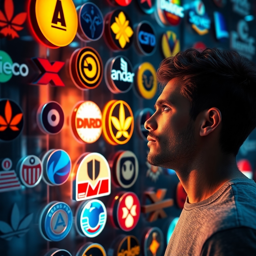 Design a photorealistic image of a person looking at a wall filled with different logos, focusing on a bright and memorable logo that stands out. Show the person's expression of admiration, highlighting the logo’s attractiveness and uniqueness among others.