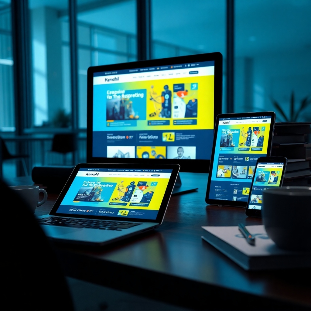 Design a stunning, high-quality image highlighting an engaging web layout displayed on multiple electronic devices such as a laptop, tablet, and smartphone. The composition should emphasize the responsive design elements, showcasing bold colors and innovative graphics that capture the viewer's attention. Set the scene in a modern office with dramatic side lighting that emphasizes the sleek designs and web interfaces on the screens. Employ a color palette featuring deep blues, bright yellows, and soft grays that evoke a sense of professionalism and creativity. Use a low-angle perspective to amplify the importance of technology in modern design. Textures should be crisp and clear, with emphasis on the shiny screens reflecting subtle office light. Background props could include a cup of coffee and design books to enhance the creative working atmosphere. Aim for a hyperrealistic style, 8K resolution, and ultra-detailed visuals that portray the future of web design.