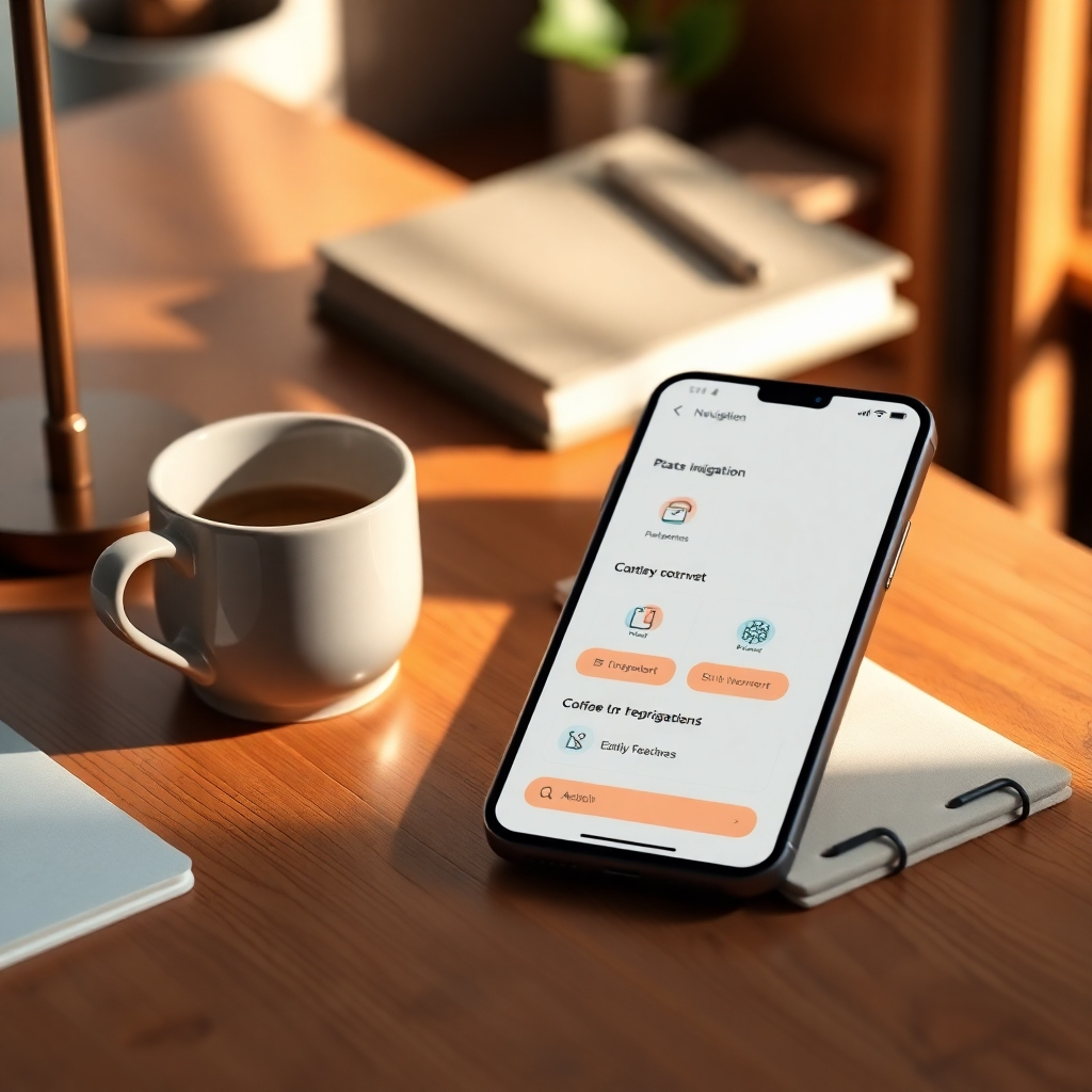 Design an ultra-detailed image showing a mobile device displaying an optimized website navigation menu. The scene is set on an elegant wooden desk, complemented by a stylish coffee cup and a notepad beside the device. The mobile screen should showcase a clean, user-friendly navigation interface with distinct categories and accessible call-to-action buttons. The lighting should be warm and inviting, with dramatic side lighting casting gentle shadows for depth. Utilize a color palette featuring soft pastels against the warm wood backdrop to create a sophisticated atmosphere. Capture the image from a top-down angle to emphasize the details of the screen while showcasing the desk environment. The textures should convey warmth, with polished wood, a ceramic coffee cup, and a textured notepad. Include subtle background details like a blurred plant or bookshelf to suggest a cozy workspace. The style can draw inspiration from lifestyle photography that emphasizes comfort and functionality. The image should be rendered in 8K resolution, hyperrealistic, and meticulously detailed.