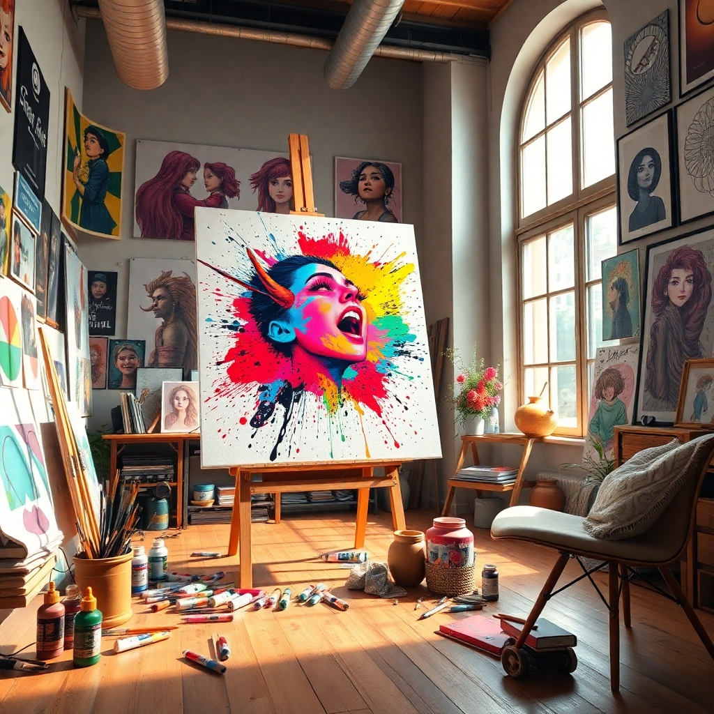 Generate a photorealistic image of a vibrant art studio brimming with colorful illustrations and posters. The focus should be on a large canvas displaying a striking illustration, adorned with vivid colors and intricate detailing. The composition features an artist's easel, paintbrushes, and tubes of paint scattered around, reflecting a dynamic creative process. Incorporate warm, natural lighting that pours through a large window, creating an inviting and inspiring ambiance. The color scheme should be rich and diverse, with splashes of red, blue, and yellow emanating energy and creativity. Use an eye-level perspective that captures the full essence of the artist’s working environment. Textures are essential, showcasing the tactile quality of brush strokes on canvas and the smoothness of the wooden studio floor. Add background details like framed artworks on the walls and a comfortable chair to enhance the artistic atmosphere. The image should be ultra-detailed, hyperrealistic, and in 8K resolution, reflecting the artistry of illustrations and posters.