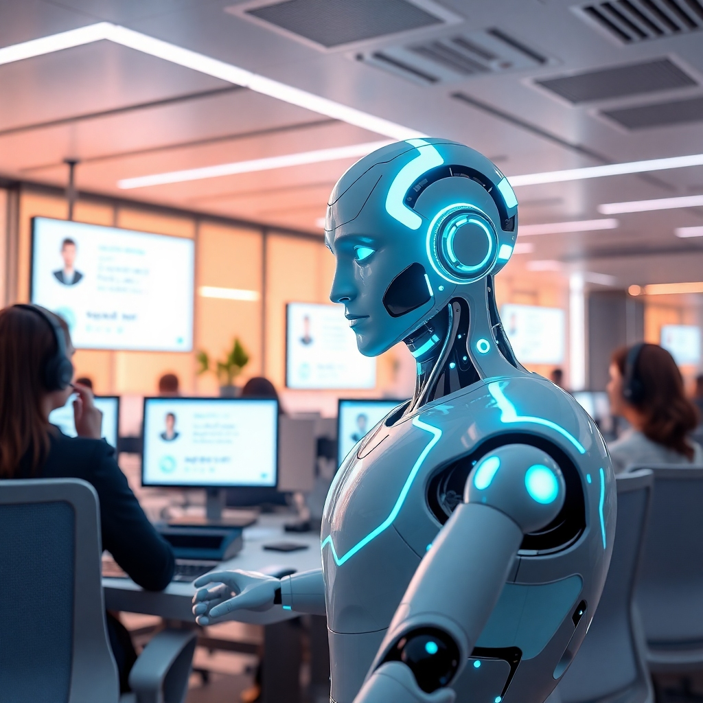 Generate a photorealistic scene depicting an AI virtual assistant engaging with customers through live chat interfaces in a sleek, modern customer support center. The assistant should be a humanoid figure with luminescent features, interacting on multiple screens displaying positive customer feedback. The lighting should be bright and high-energy, with a color palette that combines calming hues of teal and white to convey a sense of professionalism. Capture a wide-angle view of the workspace, showcasing support agents collaborating with the AI. Environmental elements like soundproof booths and ergonomic furniture should be present to enhance productivity. Focus on details such as the glow of the screens and the texture of the assistant's smooth, high-tech surface. The style should evoke a futuristic but accessible tech environment, with attention to detail and 8K clarity to showcase every element.