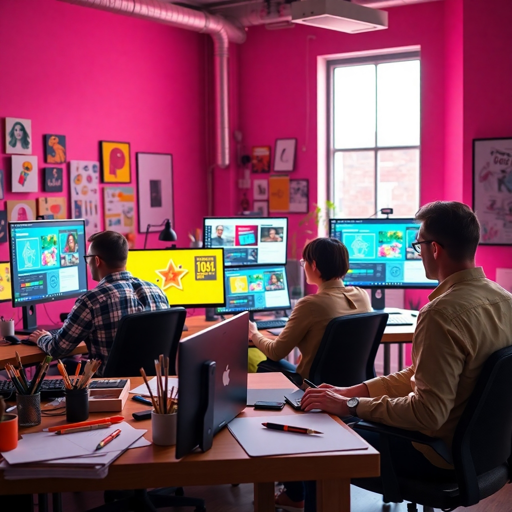 Generate a stunning high-quality image of a creative studio space filled with graphic designers working collaboratively. The scene should depict three designers at their desks, with multiple screens showing vibrant graphics and layouts. Use dramatic side lighting to highlight their concentration and creativity. Incorporate a vibrant color palette featuring pinks, yellows, and greens to evoke a sense of creativity and energy. Capture the shot from a low angle to emphasize the designers and their work, while also showing the colorful walls adorned with art and creative materials. Include sketch pads, paintbrushes, and design mockups scattered around, enhancing the creative environment. Ensure an ultra-detailed finish in 8K resolution, highlighting textures in the materials and the expressions on the designers’ faces.