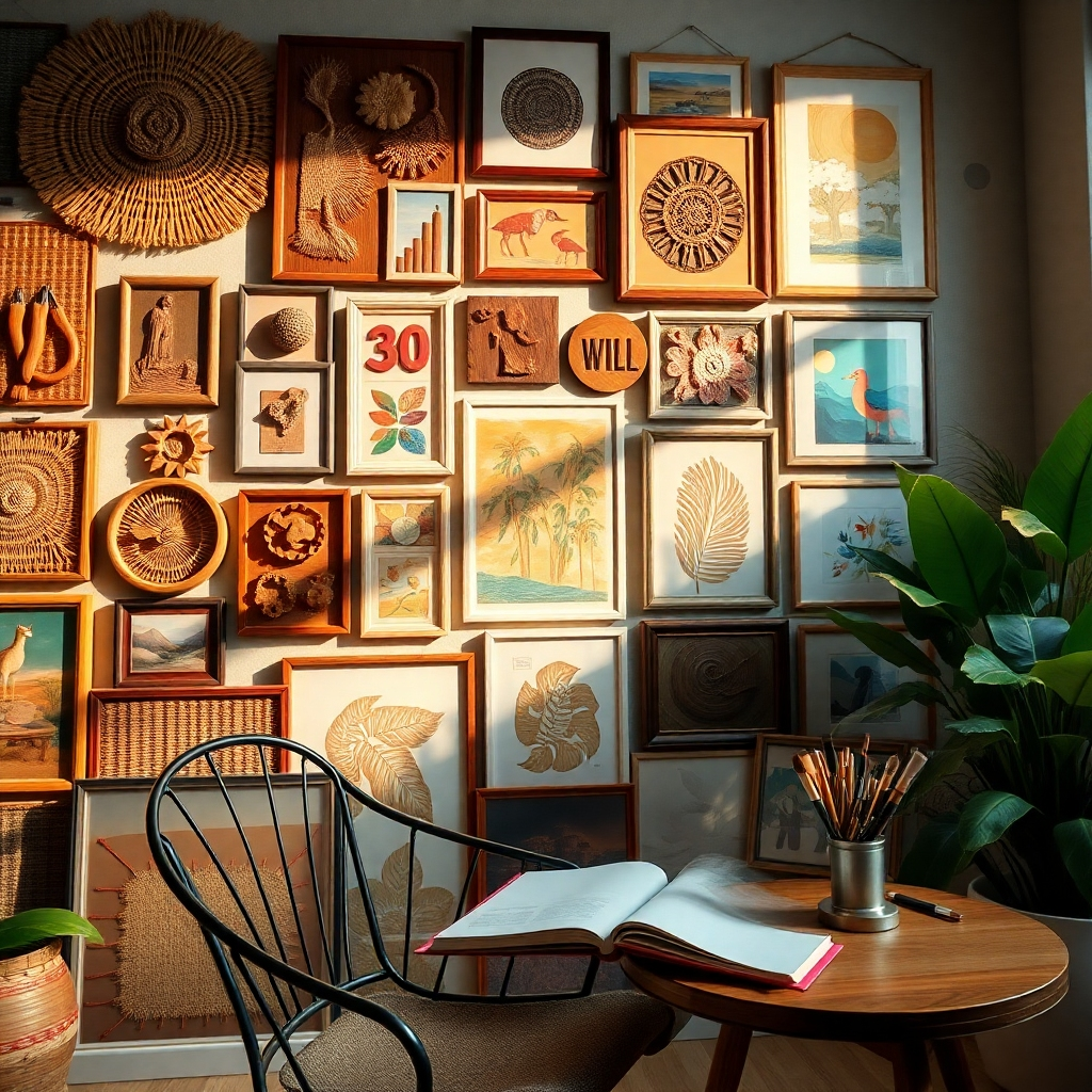 Generate a stunningly detailed image showcasing a gallery wall filled with diverse DIY projects. The scene should have dramatic side lighting that casts interesting shadows across framed artworks and crafts, creating a dynamic visual effect. The gallery should include a variety of textures, like woven textiles, rustic wood crafts, and vibrant paintings. Capture the perspective slightly low, emphasizing the richness of the display. The color palette should be bold and bright, creating an energetic mood. Include elements such as a stylish chair in the foreground with a sketchbook and a cup of paintbrushes resting on a small side table. The background should feature soft-focus plants to invoke a sense of life and inspiration. Aim for hyperrealistic details in 8K resolution, ensuring a lively and inviting atmosphere that encourages creativity.
