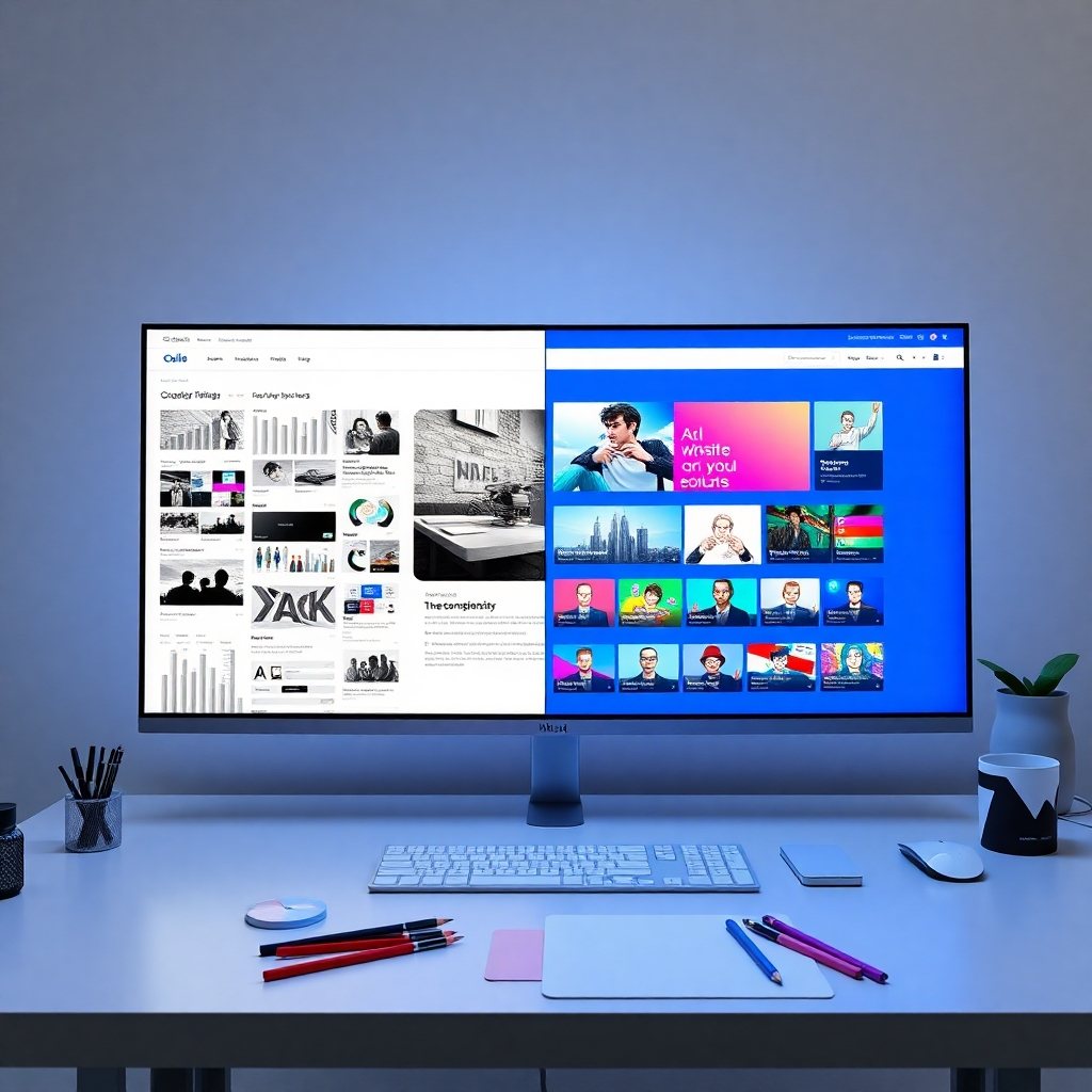 Generate an ultra-high-quality image depicting a before-and-after transformation of a website interface, split down the middle. On the left, show a dated, cluttered web layout with dull colors and outdated design elements; on the right, display a sleek, modern website interface showcasing vibrant colors and intuitive navigation. The setting should be a digital workspace, with a large screen displaying the new interface prominently. Use soft diffused lighting to highlight the screen, with a color palette centered on bright blues, whites, and soft grays to convey a fresh, modern look. Capture the image from a front-facing perspective, ensuring both interfaces are clear and distinguishable. Texture elements should include smooth, high-definition screens and glossy finishes. Add props such as a designer sketchpad and color swatches on the desk, enhancing the design process theme. Aim for a style that reflects high-tech and innovation, with a focus on user experience. The image should be hyperrealistic and rendered in 8K resolution.