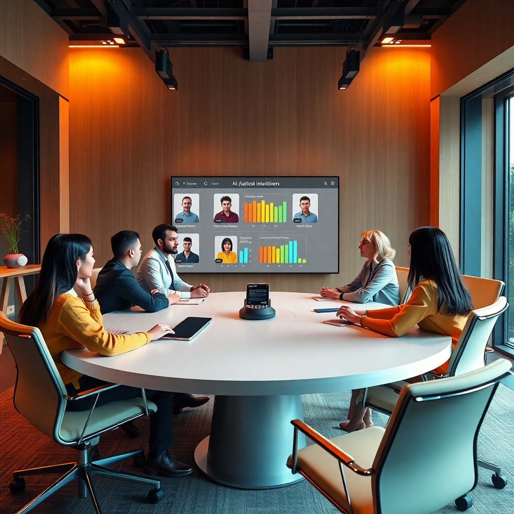 Illustrate a detailed image of an AI-driven HR assistant conducting virtual interviews with candidates in a contemporary office environment. The setting should feature a stylish round table with modern chairs and a large screen displaying candidate profiles and progress bars. Use warm dramatic side lighting to create depth and focus on the interaction between the assistant and the candidates, who appear engaged and relaxed. The color palette should include earthy tones paired with bright accents to convey approachability and professionalism. From an eye-level perspective, capture the sleek design of the assistant as it interacts calmly with a diverse group of candidates. Include subtle textures in the office such as wooden and glass surfaces. Aim for a hyper-realistic approach, reflecting a dynamic workplace atmosphere, styled in a manner reminiscent of leading corporate photography. The image should be in ultra-high 8K resolution to highlight the intricate details.