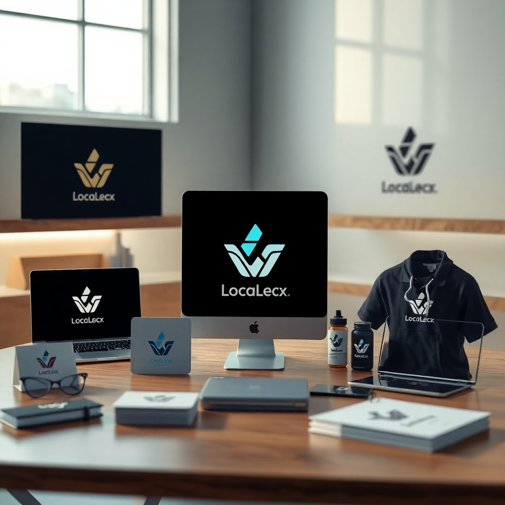 Illustrate a photorealistic setting where a showcased logo is displayed on various products like business cards, websites, and merchandise. Capture the logo's consistent look across all media, demonstrating its versatility and adaptability in different environments.