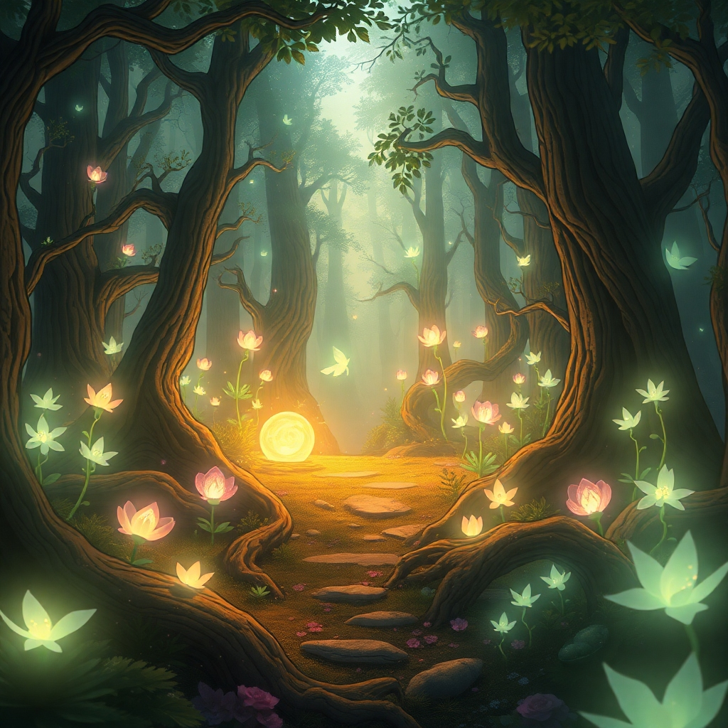 Illustrate a serene digital painting depicting an enchanting forest filled with luminescent plants and whimsical creatures, inviting viewers to escape into this magical realm, with soft, ethereal lighting casting a dreamlike atmosphere.
