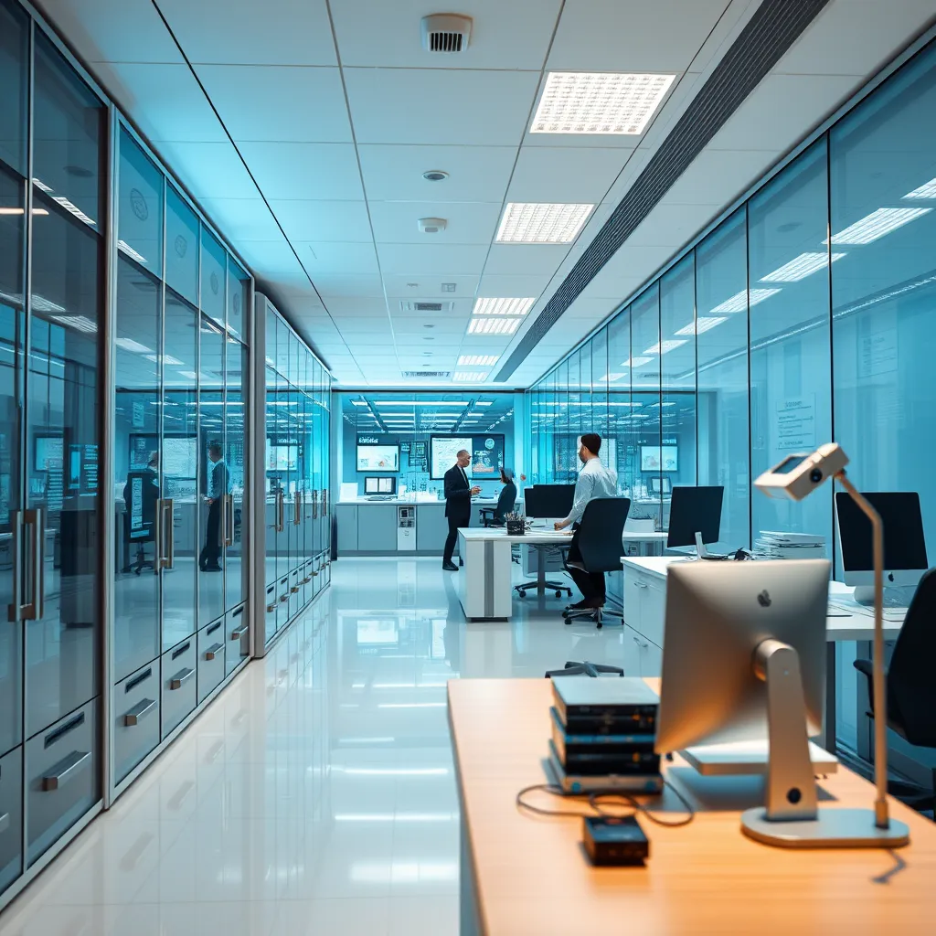 Imagine a sleek and organized administrative hub where AI systems interface smoothly with human operators. The scene shows an office setting bathed in balanced lighting with cool whites and soft blues creating a productive atmosphere. The camera is positioned at a slightly low angle, emphasizing the harmony between technology and professionals working collaboratively. Textures are clean and modern, with glass surfaces reflecting light, creating a sense of openness. Elements such as filing systems, automated report displays, and interface controls provide insight into the efficiency driven by AI. Props like digital planners and automated devices add to the narrative of advanced functionality. Strive for hyperrealistic quality in an 8K resolution image that showcases a future-ready administrative environment.