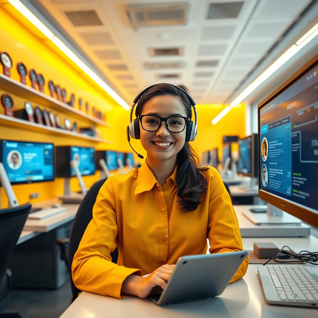 Visualize a high-end customer support center, featuring a friendly customer service representative using an AI chatbot on a digital screen. The scene is filled with modern tech and stylish workstations. Bright and inviting lighting creates an approachable mood. The primary color scheme combines warm yellows and soft whites, symbolizing positivity and support. The perspective is eye-level, focusing on the representative's engaged presence as they interact with seamless AI feedback. Textures are smooth and polished, with high-tech interfaces and screens. Background elements include shelves with awards and customer satisfaction ratings, conveying success and trust. Include props like headsets and various digital devices. Achieve this in ultra-detailed styling, maintaining a photorealistic quality in 8K resolution to emphasize clarity and professionalism.