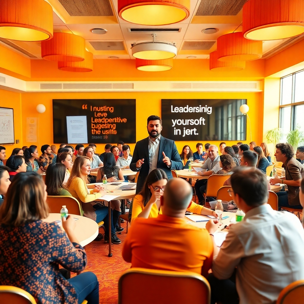 Visualize an engaging leadership workshop in an inviting room with vibrant decor. A charismatic speaker, Seith Goddan, stands at the front, capturing the attention of an enthusiastic audience. There are round tables with participants actively engaging in discussions. Bright, warm lighting creates an inviting atmosphere, and the color palette features energizing shades of orange and yellow. The camera perspective is eye-level, placing the viewer among the audience, enhancing immersion. Include details like attendees taking notes, colorful flip charts, and inspiring quotes displayed in the background. Style references should draw from motivational event photography. Capture in 8K resolution, hyperrealistic quality, focusing on facial expressions and dynamic interactions.