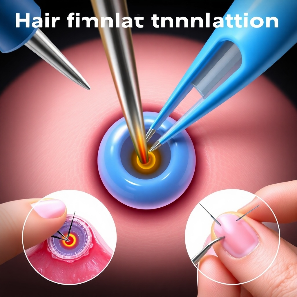 A 3D rendered medical illustration of a detailed hair follicle undergoing transplantation, showcasing the precision and care involved. The illustration should be realistic but not overly graphic; it needs to be visually engaging but maintain scientific accuracy.   The 3D rendering should depict the process from various angles, allowing viewers to fully grasp the surgical technique.