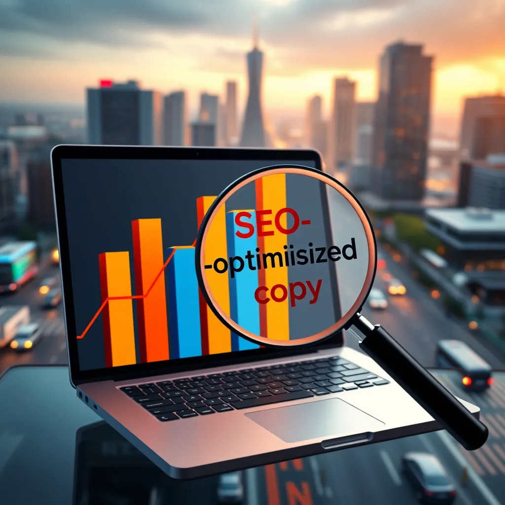 A bar graph representing website traffic and sales growth, with a magnifying glass highlighting the key phrase 'SEO-optimized copy' on a laptop screen. The background is a dynamic cityscape with buildings and vehicles, symbolizing the online world and digital marketing.