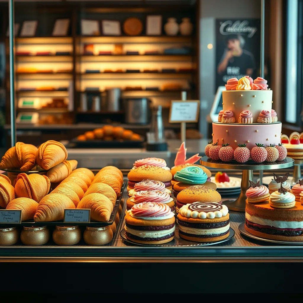 A beautifully arranged display of assorted pastries in a glass case,  with golden-brown croissants,  colorful macarons,  and a variety of cakes decorated with intricate designs.  The image should showcase a warm, inviting bakery setting with a soft,  natural lighting.