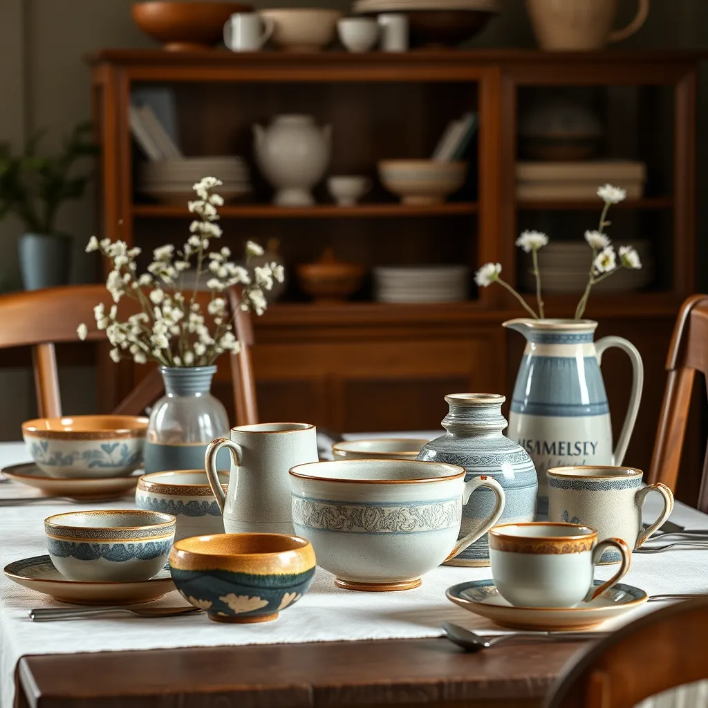 A beautifully arranged table setting with a variety of Mary Glasgow's pottery pieces, including bowls, mugs, and vases, showcasing their elegance and usability. The image should capture a warm and inviting ambiance.