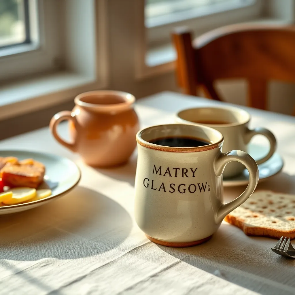A beautifully arranged table setting featuring a Mary Glasgow ceramic mug filled with steaming coffee. The mug is placed next to a plate with a delicious breakfast, highlighting the functionality and beauty of the pottery in a daily context. The scene should be warm and inviting, with natural sunlight filtering through the window.