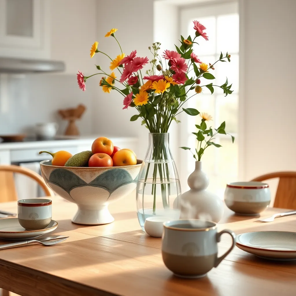 A beautifully arranged table setting with Mary's pottery pieces as the centerpiece. Include a bowl filled with colorful fruits, a vase with fresh flowers, and a mug steaming with a hot beverage. The background should be a minimalist, modern kitchen with natural light streaming in through a window.
