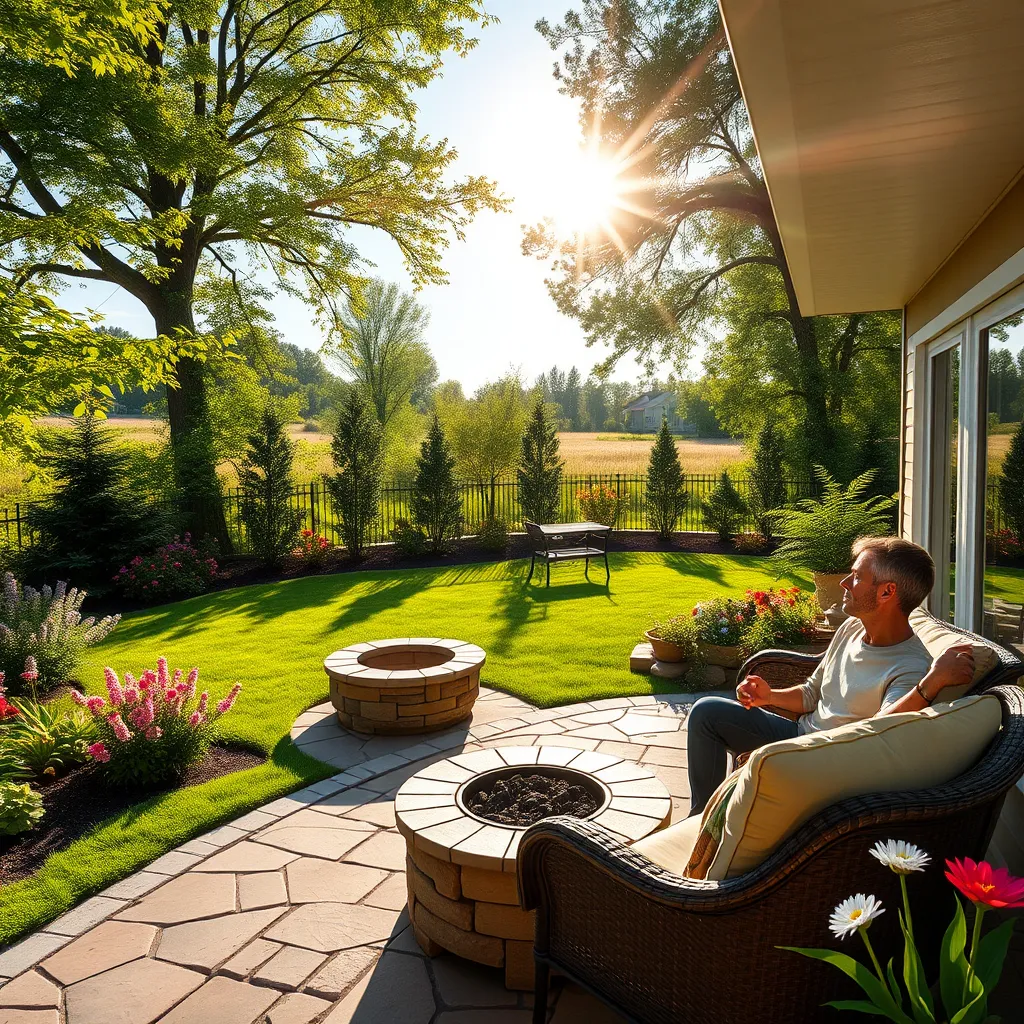 A beautifully designed backyard with a lush green lawn, a stone patio with comfortable seating and a fire pit, and a vibrant flower garden with blooming flowers. The sun is shining brightly, casting warm light on the scene. The homeowner is enjoying a cup of coffee on the patio, looking out at the beautiful scenery.