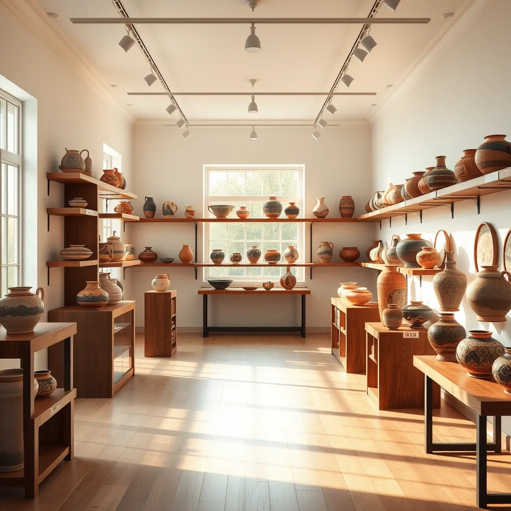 A beautifully lit gallery space showcasing a curated collection of Mary Glasgow's handcrafted pottery. The gallery is spacious and inviting, with white walls and natural light streaming in from large windows.  The pottery pieces are displayed on elegant wooden shelves and pedestals, highlighting their intricate details and unique designs. The color palette is a harmonious blend of earthy tones and subtle glazes, creating a sense of warmth and sophistication. The image should capture the beauty and artistry of the pottery, creating a desire to explore each piece and appreciate its individual charm. Render the image in a photorealistic style, capturing the textures of the clay, the subtle variations in the glazes, and the interplay of light and shadow.
