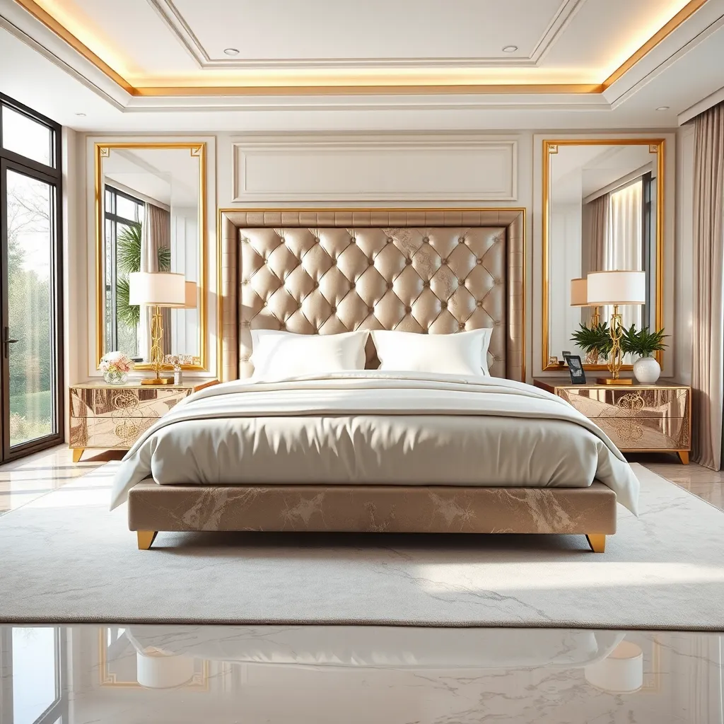 A bedroom with a luxurious king-size bed, plush bedding, and a dramatic headboard. The room features a soft color palette with accents of gold and marble. Large windows allow natural light to flood the space, creating a sense of calm and serenity. The overall design is elegant and sophisticated, reflecting a high level of craftsmanship and attention to detail.