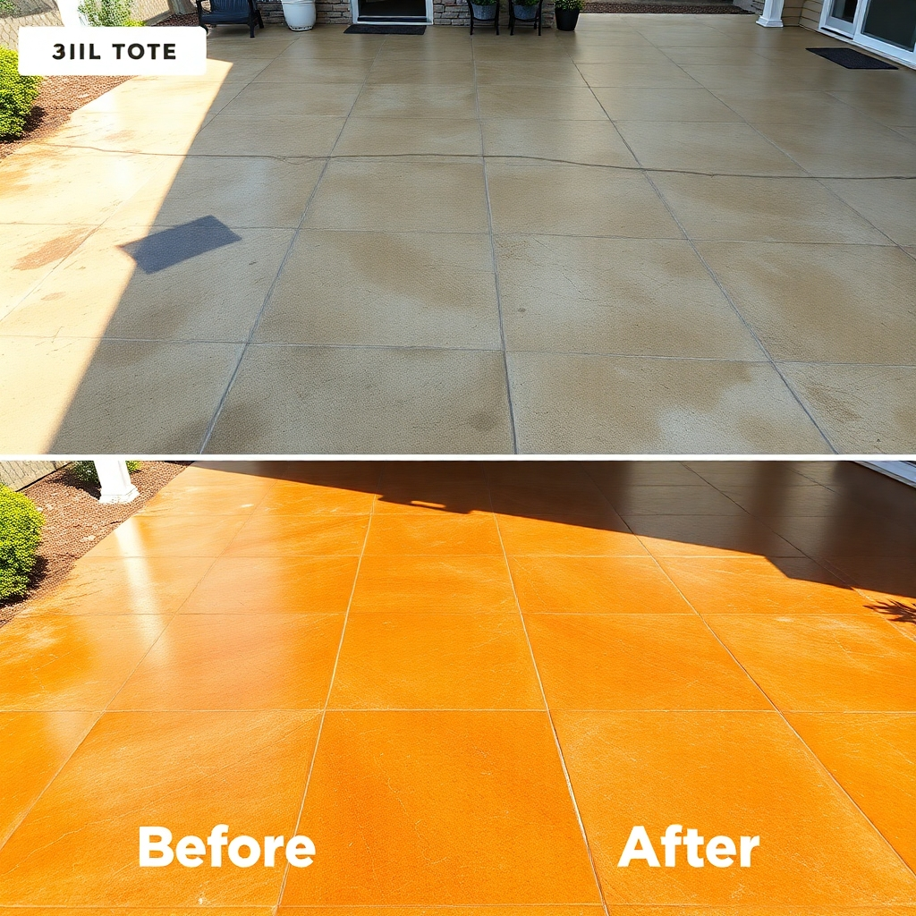 A before-and-after shot showcasing the transformation of a dirty, stained concrete patio into a sparkling clean surface. The before image should show significant dirt and grime, while the after image should highlight the restored color and texture of the concrete. The image should be brightly lit, emphasizing the clarity of the results. High resolution, focusing on texture and color accuracy