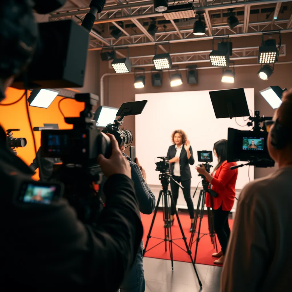 A behind-the-scenes glimpse of a professional video shoot. The scene is set in a vibrant, contemporary studio, with a team of skilled videographers and crew members working together to capture a dynamic sequence. The focus is on a captivating subject, a charismatic influencer, as they deliver their message with passion and energy. The camera pans smoothly, capturing the subject from different angles, showcasing the professional lighting and sound equipment used in the production. The background features a sleek, modern backdrop and a collection of high-tech cameras and monitors, adding to the dynamic and professional feel. Capture the scene in a cinematic style with a balanced color palette and a sense of movement and excitement. Render in 8K resolution with hyperrealistic detail and lighting effects, capturing the energy and precision of the video production process.  Style reference: a behind-the-scenes look at a David Fincher film set.