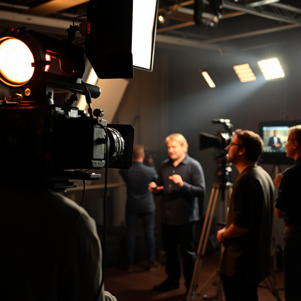A behind-the-scenes shot of a high-end video production set. Professional lighting equipment illuminates the scene, casting dramatic shadows. The camera is focused on a talent delivering a compelling monologue. The background includes a director monitoring the scene and a crew adjusting equipment. The image should convey the technical and creative expertise involved in creating high-quality video content. This should be a photorealistic rendering in 8K resolution.