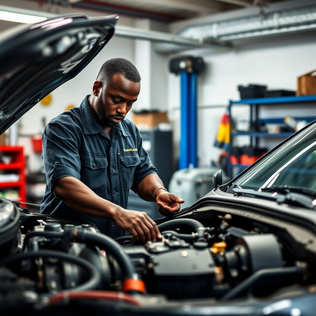 A mechanic working on a car engine in a clean and organized garage. Focus on quality and reliability.