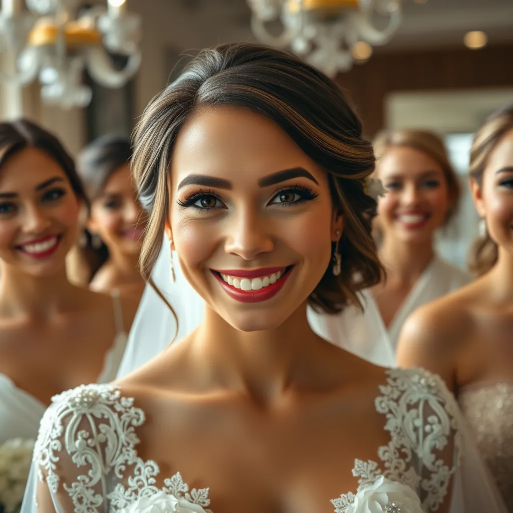 A bride with a radiant smile, wearing a beautiful white dress and stunning makeup. She is surrounded by her bridesmaids, who are also dressed in elegant attire and looking happy and excited for the wedding. The scene is filled with joyful energy and a sense of celebration.