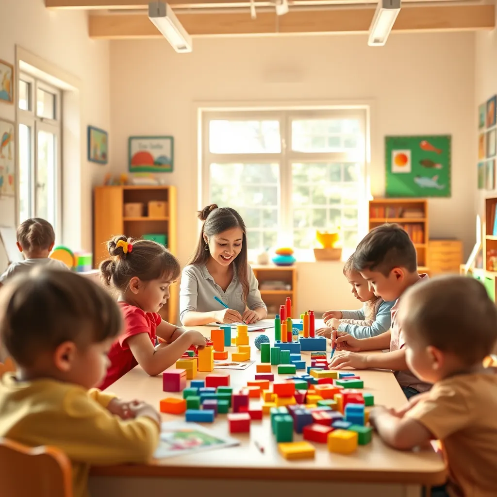A bright, colorful classroom filled with natural light. Children are engaged in various activities, like building blocks, painting, and reading, with a caring teacher supervising and interacting with them. The room is decorated with cheerful artwork and child-friendly furniture, creating a warm and inviting atmosphere.