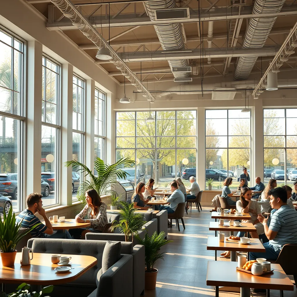 A bright and airy coffee shop with large windows, comfortable seating arrangements, and a diverse group of people enjoying coffee, pastries, and conversation. The atmosphere is warm and inviting, with natural light streaming in and plants adding pops of greenery. 