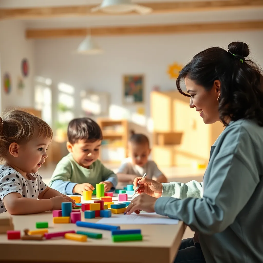 A bright and spacious classroom filled with natural light. Children are engaged in various activities like building blocks, drawing, and playing with toys, supervised by a smiling and nurturing caregiver.