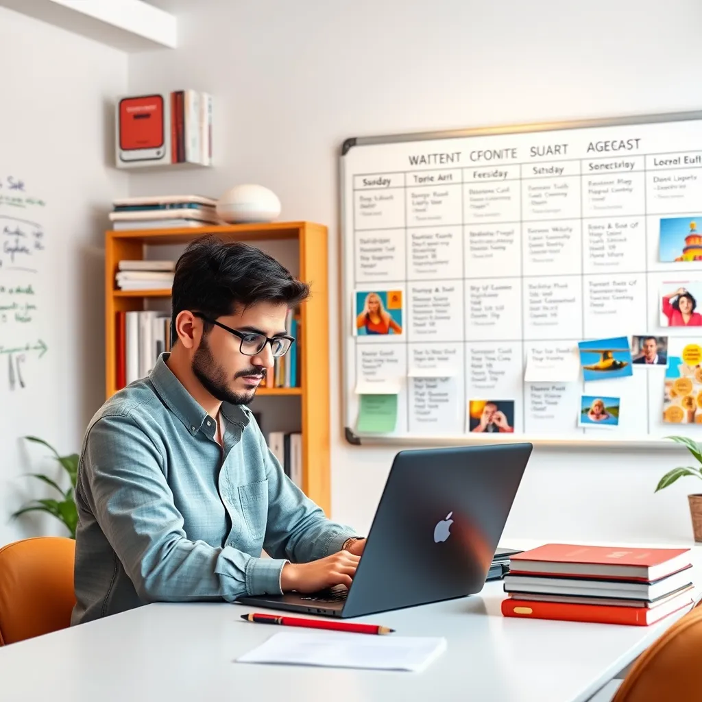 A bright and spacious workspace with a content creator writing on a laptop. Behind them, a whiteboard displays a content calendar with various topics and deadlines. Include a bookshelf filled with marketing books and a vibrant, colorful mood board with inspiring images related to the company's services.