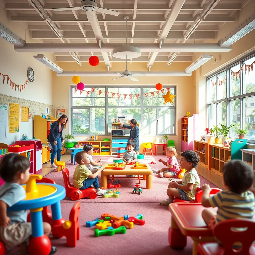 A brightly lit, spacious playroom with colorful toys and smiling children interacting with caring teachers. The room is filled with natural light and cheerful decorations, promoting a positive and stimulating atmosphere.