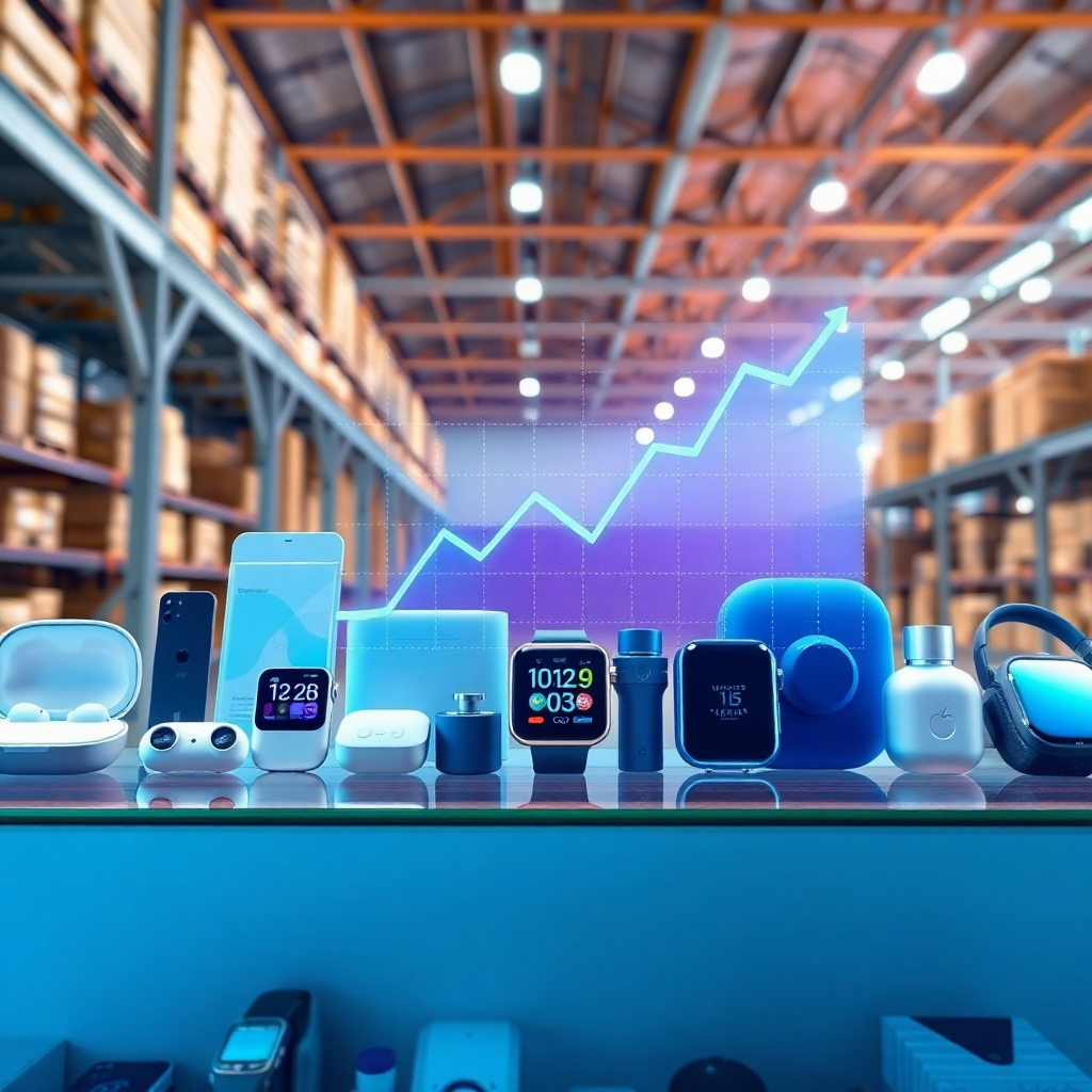 A brightly lit, photorealistic image of various popular consumer products displayed on a virtual shelf, arranged in an appealing and organized manner. Include items like wireless earbuds, smartwatches, and eco-friendly accessories. Overlaying the products is a subtle holographic graph indicating product demand and growth potential. The backdrop suggests a futuristic warehouse, conveying a sense of endless possibilities and opportunity. Focus on sharp details and textures of the products. Camera angle: eye-level, centered.