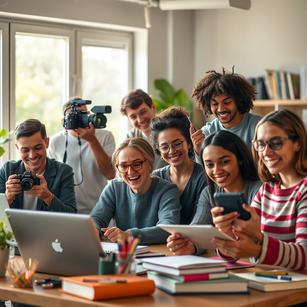 A brightly lit, photorealistic image showcasing a diverse group of people engaged in various side hustles, such as crafting, coding, photography, and online tutoring. The composition should be dynamic, with each person clearly enjoying their work. Use a vibrant color palette to convey enthusiasm and creativity. The camera angle should be a medium shot, capturing the individuals' expressions and the details of their work. The environment should suggest a collaborative workspace, with natural light streaming in through large windows. Props include laptops, art supplies, cameras, and books. The style should be modern and aspirational, reflecting the diversity and accessibility of side hustle opportunities. Technical specs: 8K resolution, hyperrealistic.