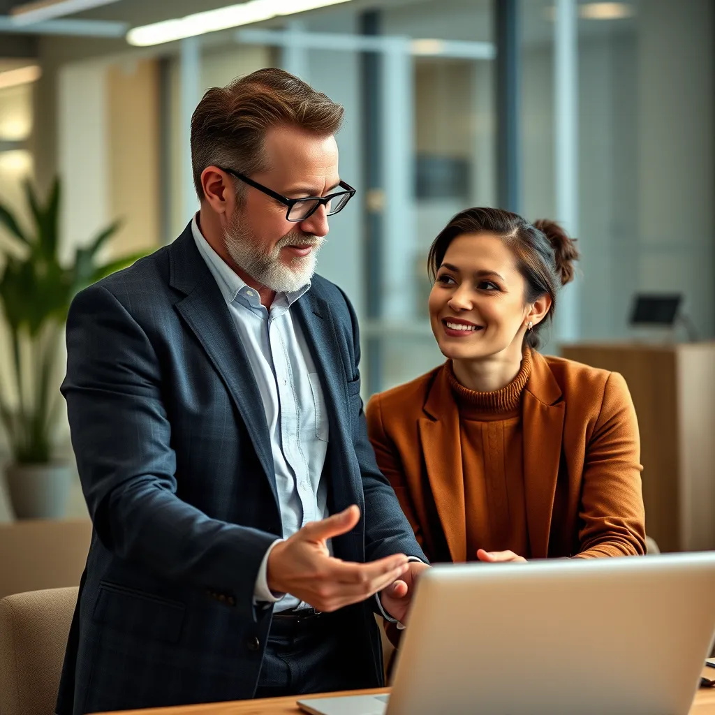 A business coach or mentor guiding an individual through a training session. The setting should be a modern office or a quiet, inspiring space. The image should highlight the coach's expertise and the individual's motivated and engaged expression.