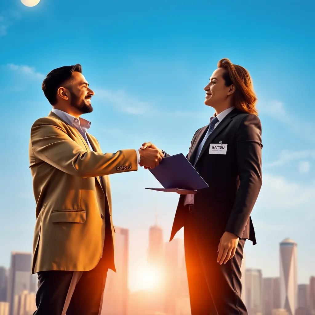A business owner shaking hands with a SAITS4U loan officer, symbolizing a seamless and fast loan approval process. The background shows a cityscape with skyscrapers, signifying the potential for growth and success.