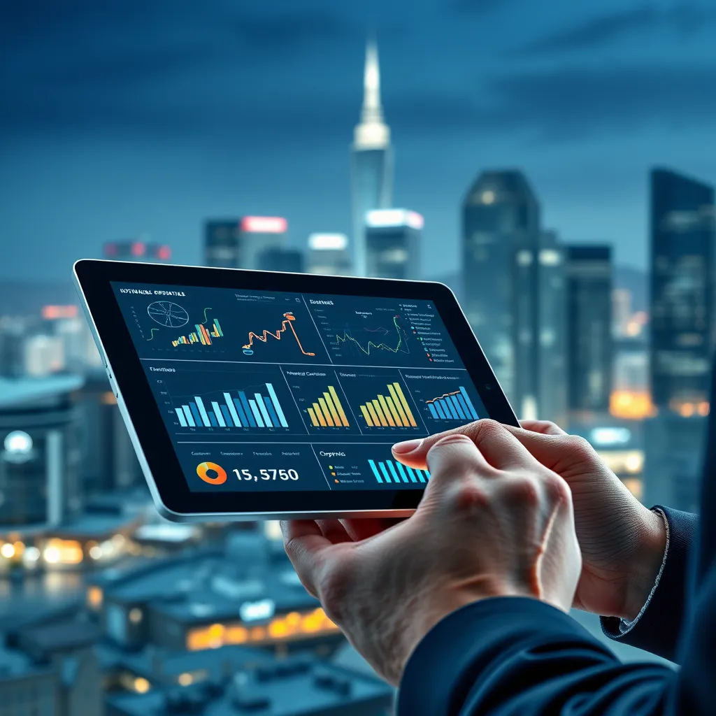 A business professional using a sleek, modern software application on their tablet. The software is displaying charts, graphs, and data insights, representing streamlined operations and efficient management. In the background, a cityscape symbolizes the business environment, with the software playing a key role in success.