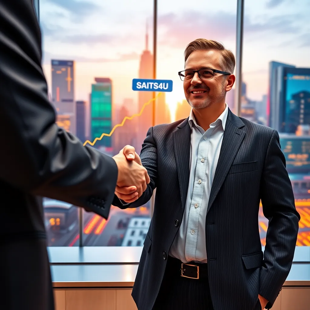 A businessman in a suit is shaking hands with a SAITS4U representative.  Behind them is a digital screen displaying a graph depicting a sharp upward trend. The background features a modern cityscape showcasing vibrant colors and growth. The image conveys a sense of trust, speed, and success.