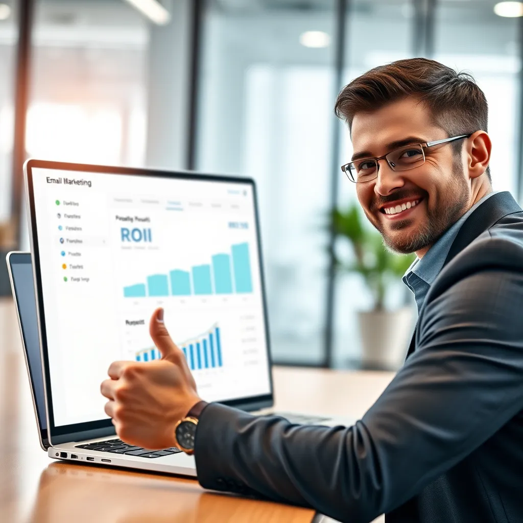 A businessman looking at a laptop screen displaying an email marketing dashboard with positive results and a graph showing ROI growth. He's smiling and giving a thumbs up. The background should be a modern office environment with a bright and positive atmosphere.