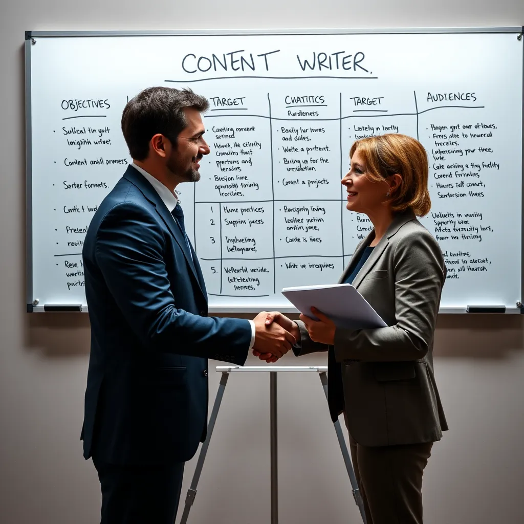 A businessperson shaking hands with a content writer, symbolizing a collaborative partnership. Behind them, a large whiteboard displays a strategic content plan with key objectives, target audiences, and content formats.