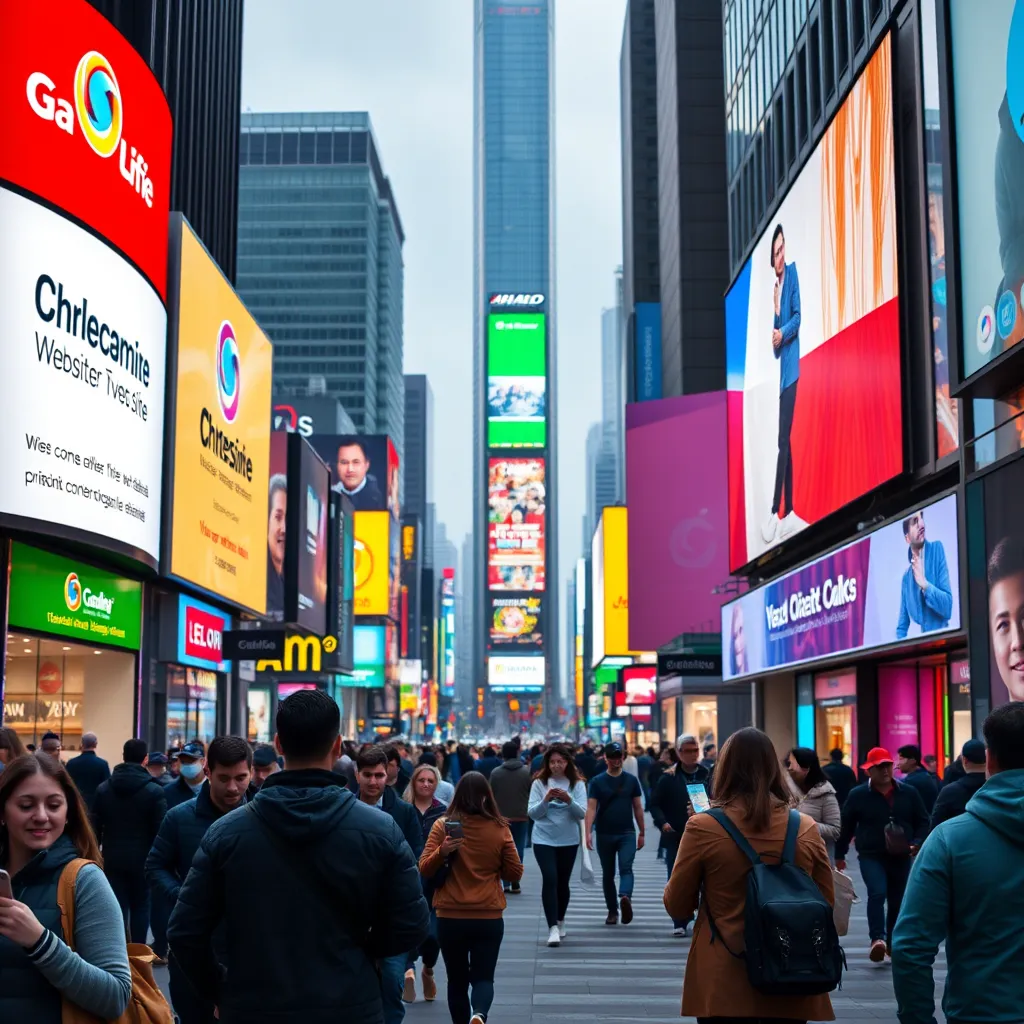 A bustling city street with various billboards displaying a company logo and tagline, people walking past using their smartphones to access the company's website or social media pages, with a glowing search engine result page in the background displaying the company's website.
