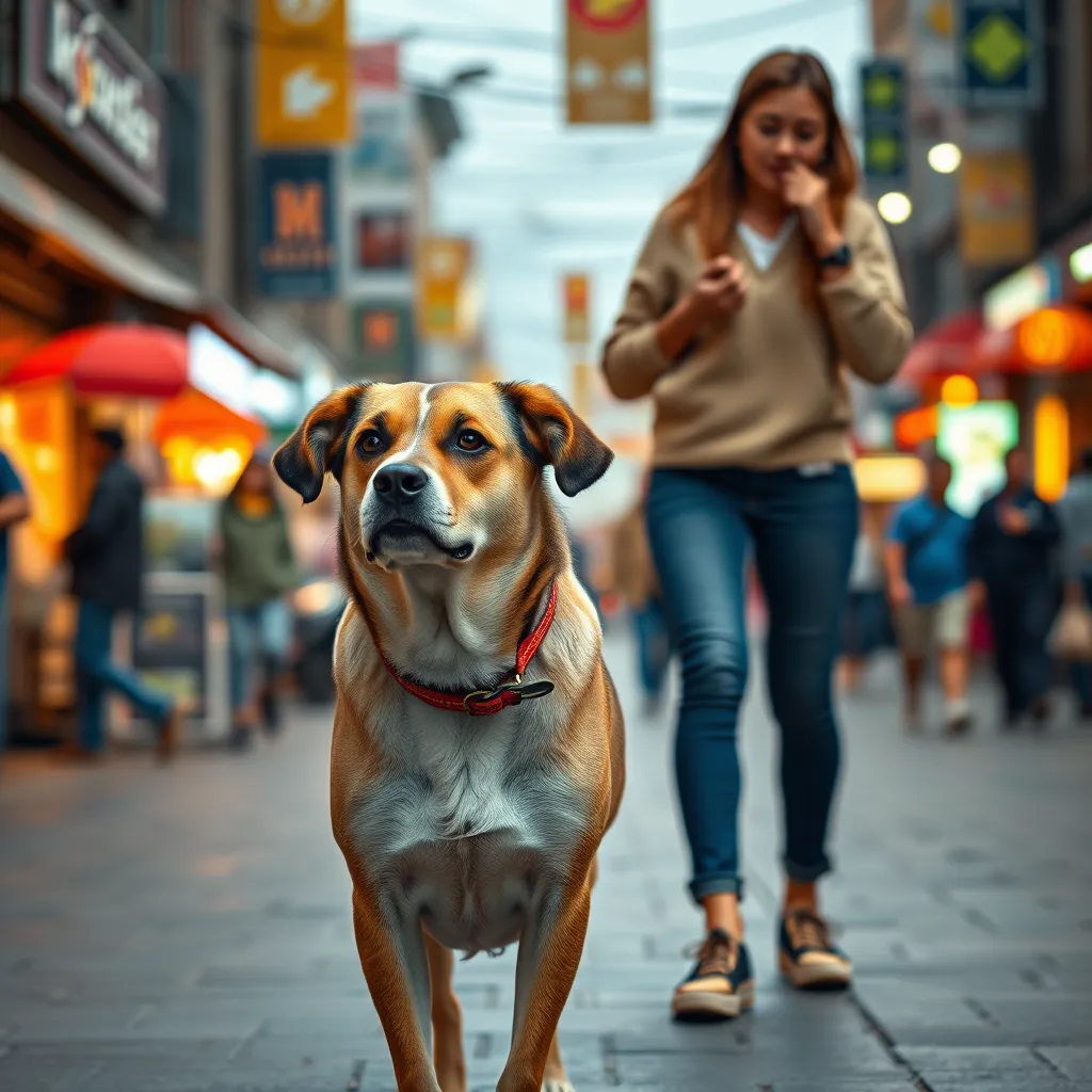 A calm, confident dog walking calmly on a leash alongside their owner. The dog is looking ahead, and the owner has a relaxed expression. The background should be a vibrant, bustling street scene.