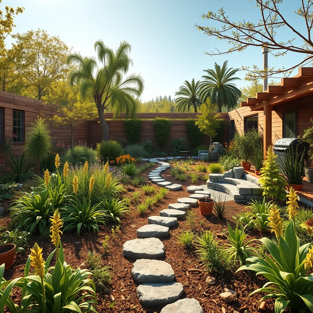 A captivating, photorealistic image showcasing a sustainable landscape design.  The focus is on a spacious garden with a diverse array of native plants, attracting pollinators and supporting local biodiversity. A rain garden with strategically placed plants and natural materials helps to manage stormwater runoff.  A composting area and a water-efficient irrigation system further demonstrate sustainable practices. The image should have a vibrant, earthy color palette with warm, natural light, showcasing the beauty and ecological benefits of the design. The composition should be balanced, highlighting the interconnectedness of the elements.