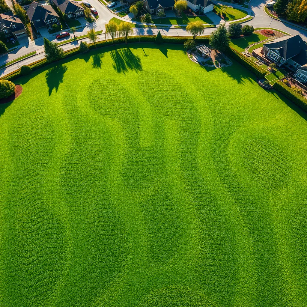 A captivating aerial view of a large, meticulously maintained lawn. The grass is a vibrant green, with intricate patterns of different shades of green indicating healthy growth. The lawn is surrounded by a sprawling suburban neighborhood, featuring manicured gardens and well-kept homes. The sun shines brightly, casting long shadows across the lawn. The image should capture the lush, verdant beauty of the lawn, highlighting its thriving growth and healthy soil. The textures of the grass and soil should be highly detailed and realistic, showcasing the vibrant color and texture of the lawn. Rendered in 8K resolution with hyperrealistic detail, the image should evoke a sense of tranquility and prosperity.
