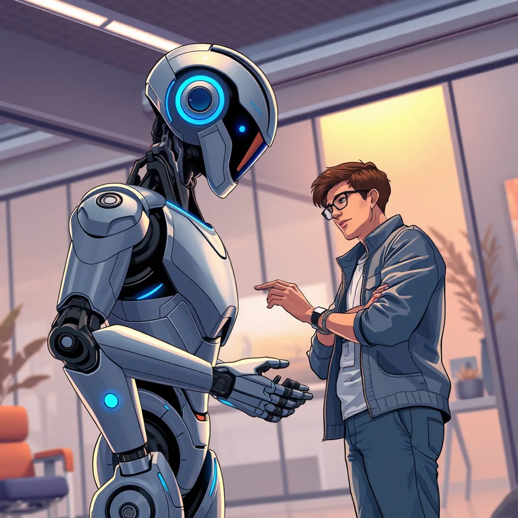 A captivating illustration of a futuristic robot interacting with a human in a sleek, modern office setting. The robot is sleek and metallic, with glowing blue accents, while the human is dressed in casual, professional attire. The scene is bathed in soft, warm lighting, creating a comfortable and inviting atmosphere. The robot and human are engaged in a collaborative task, showcasing a sense of partnership and shared purpose. The illustration is rendered in a detailed, realistic style, capturing the intricate details of the robot's design, the office environment, and the human's expressions. The image is captured with a low-angle perspective, emphasizing the height and power of the robot.